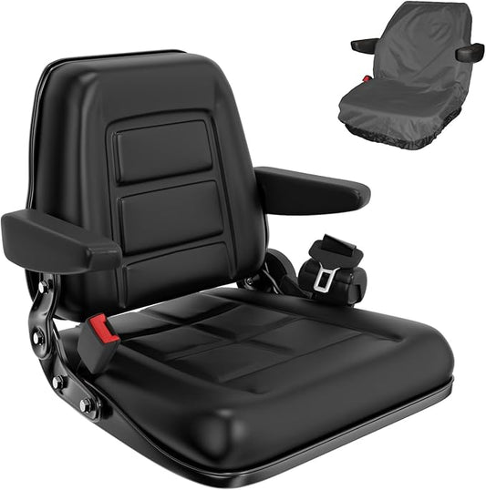 Universal Forklift Seat with Cover, Tractor Seat with Safety Belt, Adjustable Back and Armrest, Operator Safe Switch for Tractor, Mower, Excavator, Skid Loader, Dozer, Telehandler