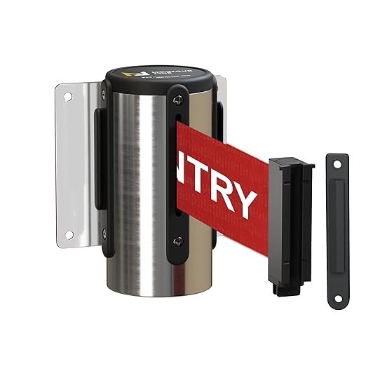 Montour Line WM115 Wall Mounted Retractable Belt Barrier with Standard Belt End, Fixed Mount, Polished Stainless Steel Casing (8.5 ft Red with"NO Entry" White Letters Belt)