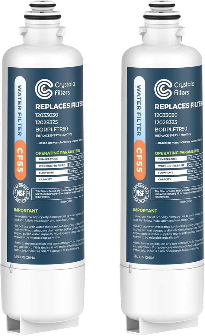 Crystala Filters BORPLFTR50 Replacement for Bosch Ultra Clarity Pro Water Filter, Compatible 12033030, 11032531, 11025825, 12028325, BORPLFTR55, WFC100MF, WFS200MF(2 Pack)