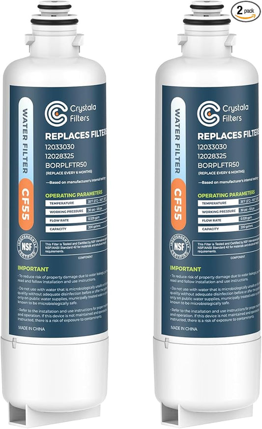 Crystala Filters BORPLFTR50 Replacement for Bosch Ultra Clarity Pro Water Filter, Compatible 12033030, 11032531, 11025825, 12028325, BORPLFTR55, WFC100MF, WFS200MF(2 Pack)