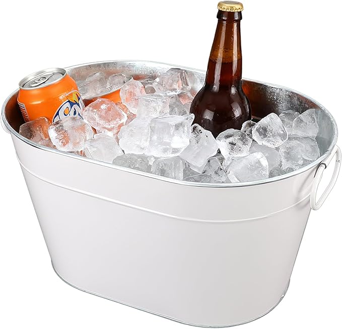 Galvanized Tub Ice Bucket For Parties, Thick Metal Galvanized Drink Buckets, Beverage Bucket with Handles, Drink Bucket for Indoor & Outdoor Party (White,1Pcs)