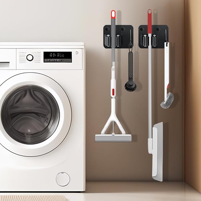 2-Pack Broom Holder with Heavy Duty Hooks, Upgraded Stainless Steel Mop Hanger. Wall Mount Utility Tool Rack for Kitchen Garden Laundry Garage. Matte Black.