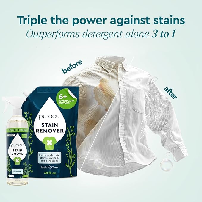 Puracy Stain Remover, Natural Based Travel and Laundry Stain Cleaner for Clothes, Baby Essentials, Kids Stains, Oil and Fabric Spot Cleaner, Unscented (Stain Remover Spray and Refill, 64 fl oz)