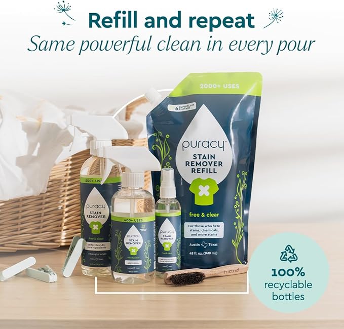 Puracy Stain Remover, Natural Travel and Laundry Stain Cleaner for Clothes, Baby Essentials, Kids Stains, Oil and Fabric Spot Cleaner, Unscented (Stain Remover Spray, 4 fl oz, 2 Pack)