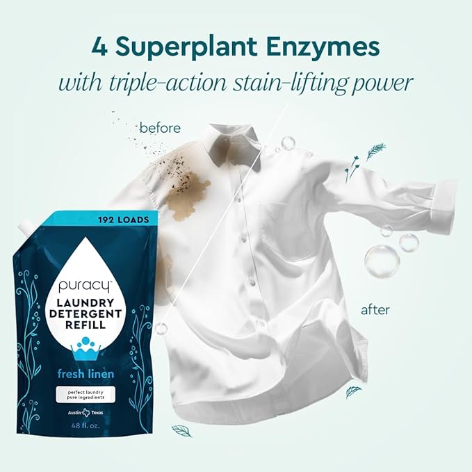 Puracy Laundry Detergent Refill - Enzyme-Powered Liquid Laundry Detergent Concentrate, Natural Laundry Detergent Seen on TikTok, Non-Toxic (Fresh Linen, 48 fl oz, 192 Loads) (Pack of 2)