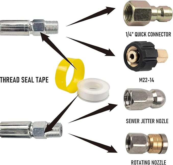 Hourleey Sewer Jetter Kit for Pressure Washer 50FT, 4000 PSI Drain Cleaner Hose 1/4 Inch NPT, Corner Rotating and Button Hose Sewer Jetting Nozzle Pearl Corsage Pin Tape Handle Strap Spanner, Green