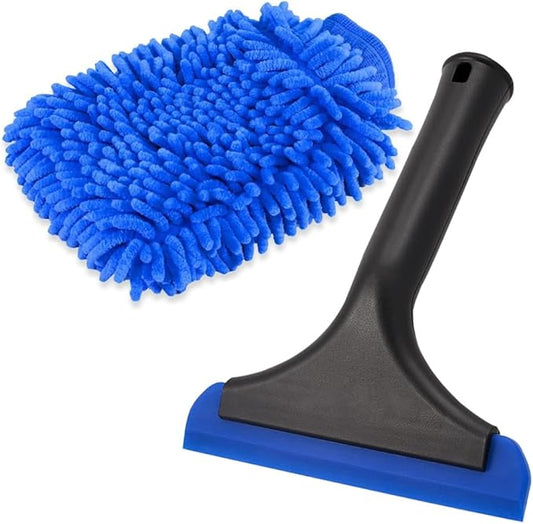 Window Tint Tool Small 6" Silicone Handy Cleaning Squeegee and Car Wash Mitt Chenille Microfiber Super Absorbent for Car Windshield, Window, Mirror, Glass Door,Shower(Blue)
