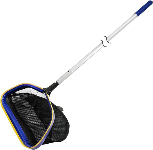 Poolvio Pool Deep Skimmer Net with 3ft - 10ft 1.0mm Thick Adjustable Aluminum Pole & Fine Mesh Bag Leaf Skimmer Rake Net for Above Ground & Inground Swimming Pools, Removes All Debris
