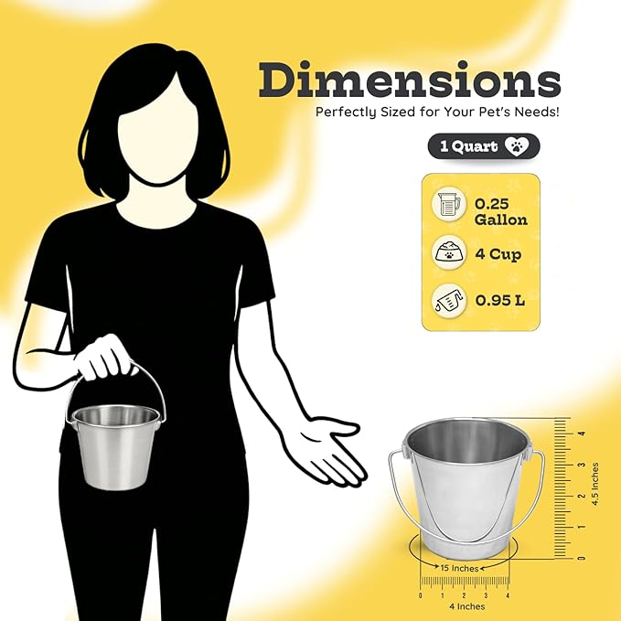 1 Quart Heavy Duty Stainless Steel Round Bucket with Handle | Fits kennel Cage Critter Crates Farm | Food & Water Pail for Small Pets Birds Dog Cat | Livestock Multipurpose use, Pack of 2