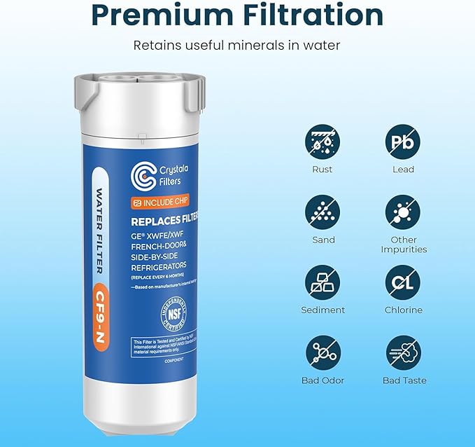Crystala Filters Water Filter Compatible with XWFE (Built-in CHIP), Replacement for GE XWFE, XWF Refrigerator Water Filter Pack of 3