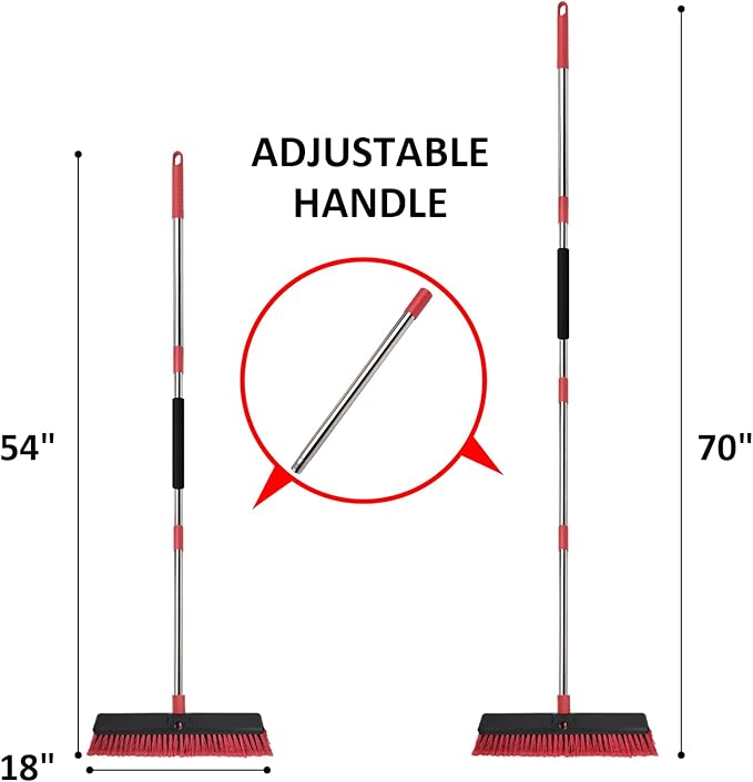 18” Push Broom with 70” Adjustable Handle - Heavy Duty Outdoor Broom for Shop, Garage, Patio, Driveway, Yard & Deck Cleaning