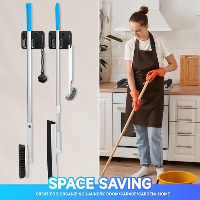 2-Pack Broom Holder with Heavy Duty Hooks, Upgraded Stainless Steel Mop Hanger. Wall Mount Utility Tool Rack for Kitchen Garden Laundry Garage. Matte Black.