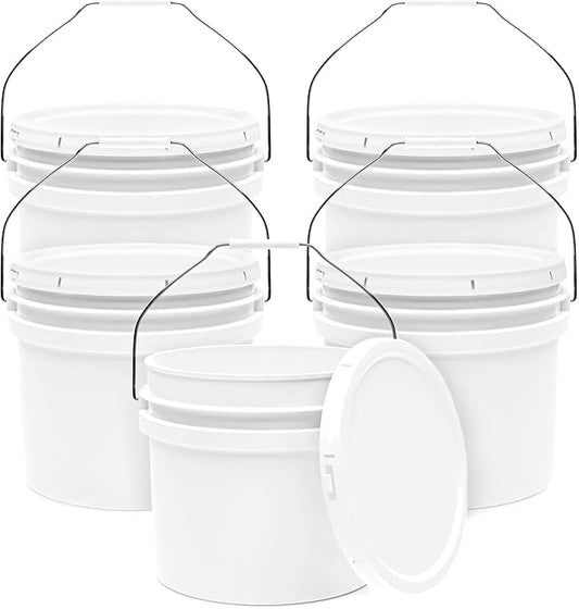 3.5-Gallon White Bucket Pail Container with Lid | Food Grade | Heavy-Duty Extra Durable | Metal Handles with Plastic Grip for Easy Carrying | Multi-Use | Easy Stack and Store | BPA Free - 5 Pack