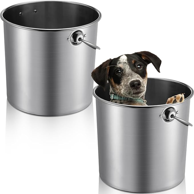 Hsei 2 Pcs Stainless Steel Bucket for Pet Cleaning, 5.3 Gallon Metal Bucket Water Pail with Handle for Fence Kennel Cage Garage Garden Workshop