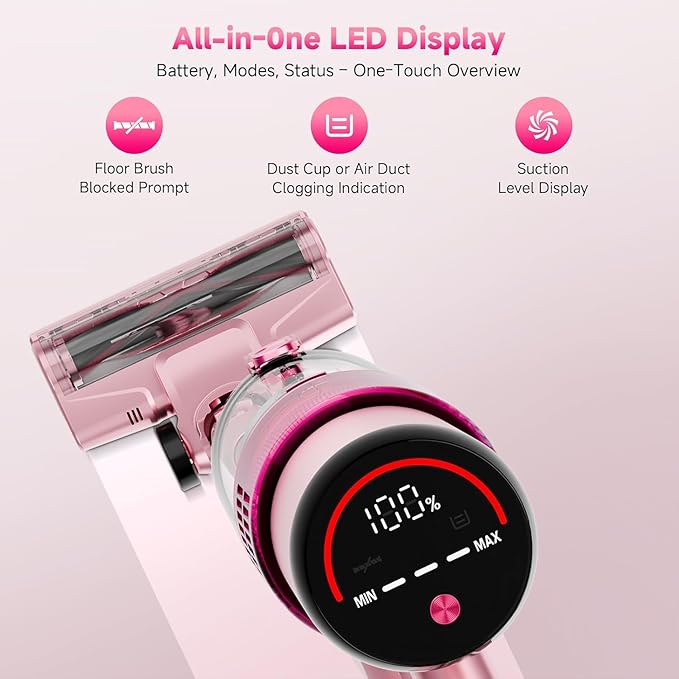 Cordless Vacuum Cleaner: Portable 6-in-1 Stick Vacuum with Anti-Tangle Brush, LED Headlight, Self-Standing, HD display, Rechargeable Vacuum for Pet Hair, Low-Pile Carpet and Hardwood Floor-Dark Pink