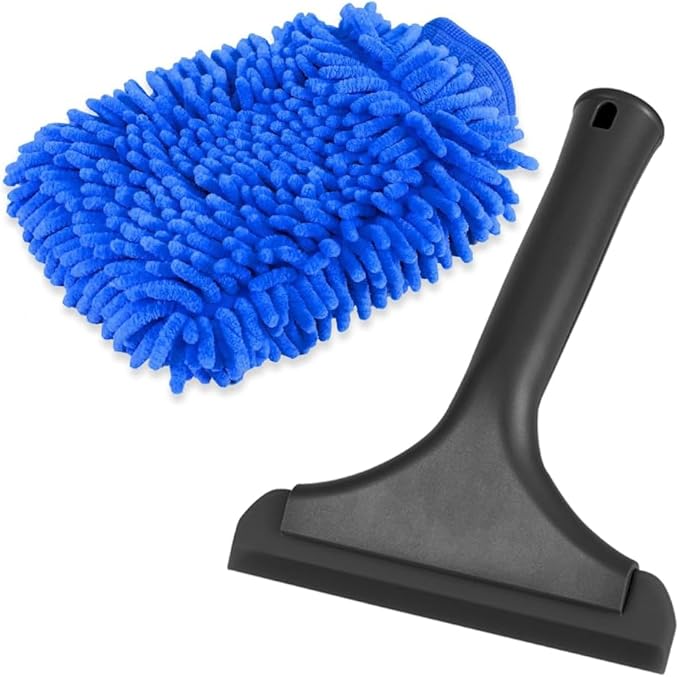 Window Tint Tool Small 6" Silicone Handy Cleaning Squeegee and Car Wash Mitt Chenille Microfiber Super Absorbent for Car Windshield, Window, Mirror, Glass Door,Shower(Black and Blue)