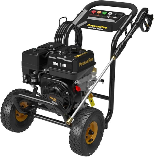 Poulan Pro Gas Pressure Washer, 3400 PSI & 2.6 GPM, 212cc 4-Cycle High Pressure Washer with 30ft Hose, 21" Spray Lance, 5 Nozzles for Cleaning Cars Driveways Patios Fences Furnitures