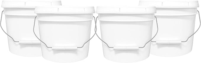 2-Gallon Bucket with Airtight Lid – Heavy-Duty Extra Durable Pail – Made in USA – Premium Quality HDPE – Food Grade – BPA Free – Metal Handle with Plastic Grip – Stackable – Multi-Use – White, 4 Pack