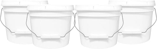 2-Gallon Bucket with Airtight Lid – Heavy-Duty Extra Durable Pail – Made in USA – Premium Quality HDPE – Food Grade – BPA Free – Metal Handle with Plastic Grip – Stackable – Multi-Use – White, 4 Pack