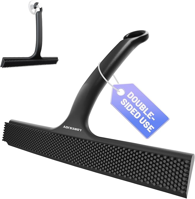 Shower Squeegee for Shower Glass Door Bathroom Accessories, Dual Head Wiper Cleans Water & Hair, Silicone Blade, Non-Slip Long Handle, Glass Window Door Wall Tile Cleaner