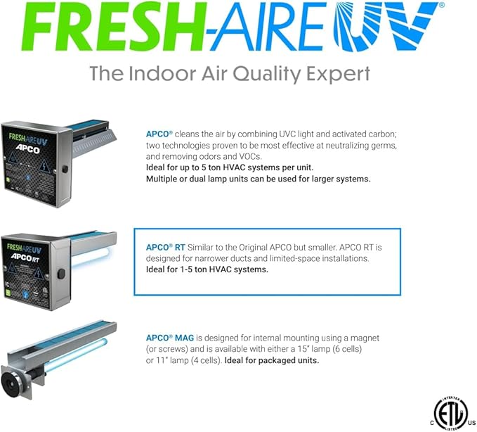 Fresh-Aire UV Fresh-Aire APCO Compact HVAC UV Air Purifier w/Carbon Matrix and Remote Power Supply, Includes 2 Year UVC Lamp, 18-32 VAC