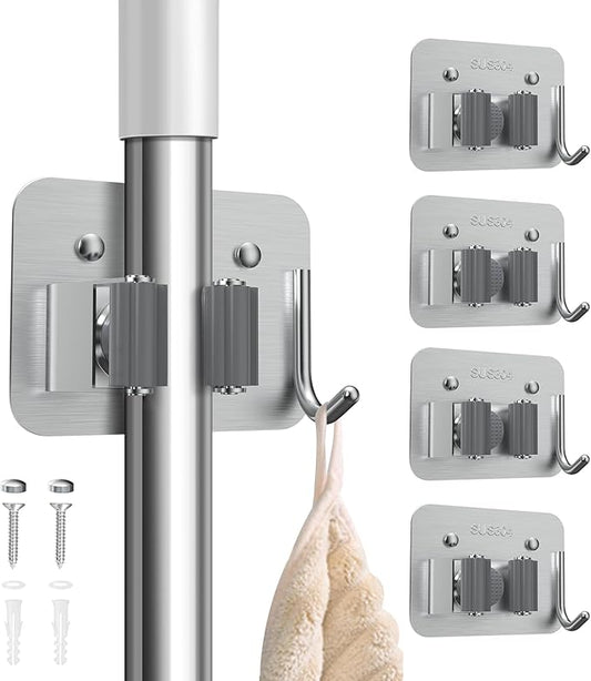 nacena Broom Holder Wall Mount, 4 Packs Silver Stainless Steel Mop and Broom Hanger with Hooks Heavy Duty Broom and Mop Organizer Wall Hanging for Bathroom