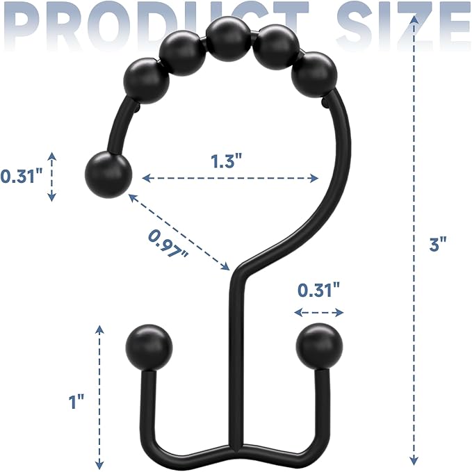 Titanker Black Shower Curtain Hooks Rings, Rust-Resistant Metal Double Glide Shower Hooks for Bathroom Shower Rods Curtains, Set of 12 Hooks - Matte Black