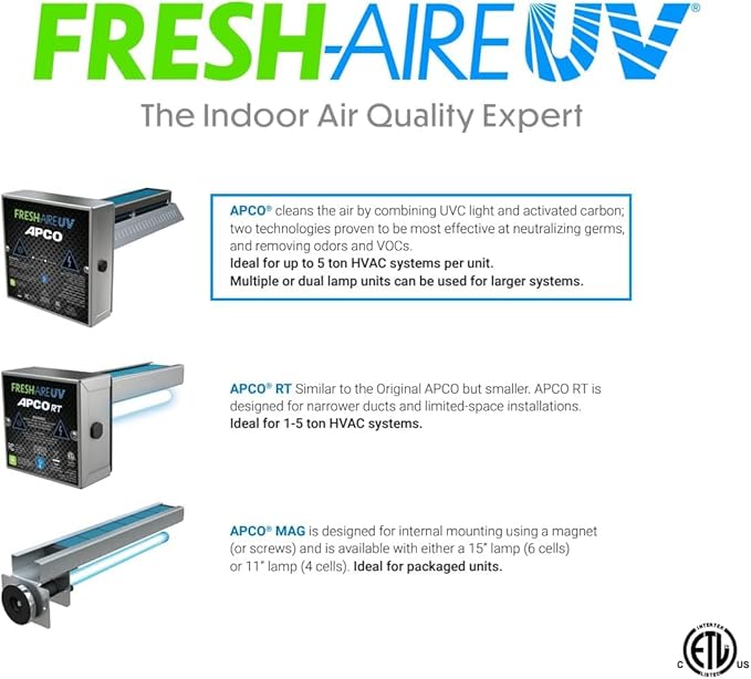 APCO Carbon Matrix Filter HVAC UV Air Purifier, Includes Dual 2-Year UVC Lamp for Coils (120-277 VAC Series) # TUV-APCO-DI2-P