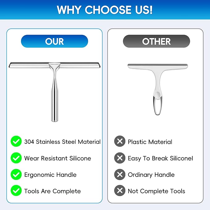 Shower Squeegee for Glass Doors,Stainless Steel Shower Door Squeegee,Windows, Mirrors, Car Windows, Tile Shower Walls, 10 Inch Silver,Durable Includes Shower Door Adhesive Hook