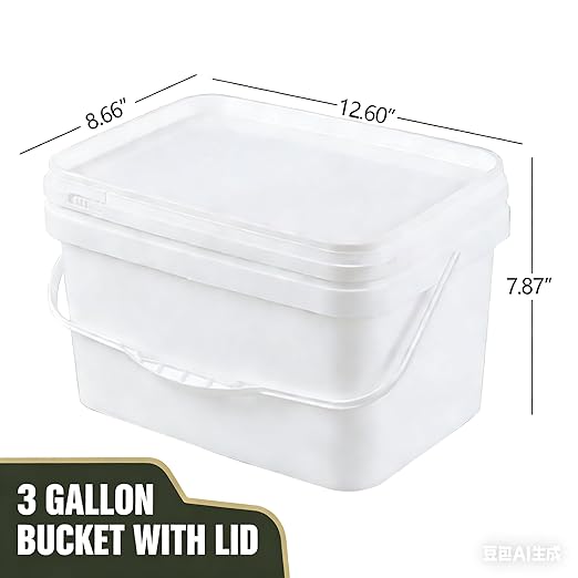 4 Pcs 3 Gallon Food Grade Bucket with Lid, Rectangular Bucket Pail with Plastic Handles for Storing Dry Food, Charcoal, Camping, Fishing (White)