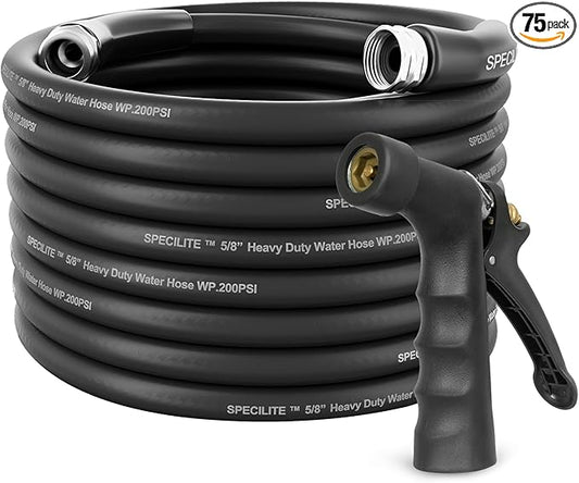 SPECILITE 5/8" Hot/Cold Garden Hose 75 ft with Industrial High Pressure Nozzle, Flexible & Lightweight, 600psi Burst Rubber Water hose -50℉-158℉ With 3/4"Stainless Steel Fittings for Yard, Black