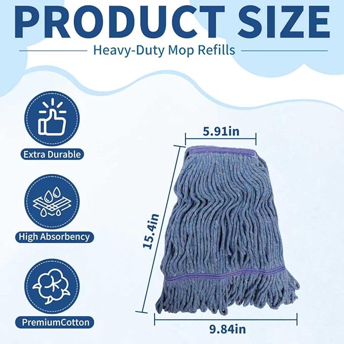 Blue Commercial Mop Head Replacement , Heavy-Duty Reusable and Washable Loop End Mops for Industrial Floor Cleaning on Hardwood and Concrete (8 Pack)