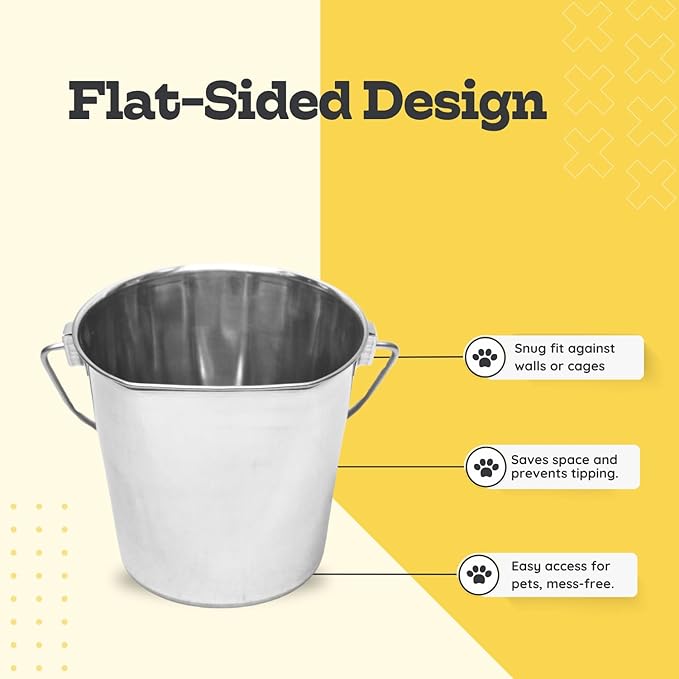 Flat Side Stainless Steel Bucket 4 Quart Hanging Feeding Pail for XL Dogs Cats Goats Sheep, Fits Kennel Cage Compatible, Heavy Duty Food and Water Feeder, 1 Gallon Silver Buckets 2 Pack