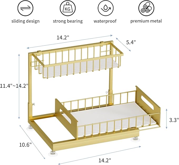 Under Sink Organizer Storage 2-Tier Premium Metal Pull-Out Kitchen Cabinet Organizer with Sliding Drawer, Height Adjustable, Heavy Duty for Kitchen & Bathroom Organizers 2 Pack Gold