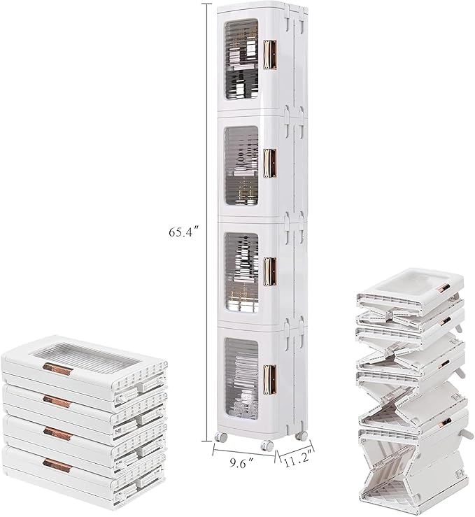 VECELO 4-Tier Tall Narrow Storage Cabinet with Movable Wheels, Adjustable Shelves, Anti-Tip, Slim, for Small Space, Bathroom, Kitchen, Laundry, White | 4-Tier, Movable Wheels, Adjustable Shelves, Magnetic Doors, Slim
