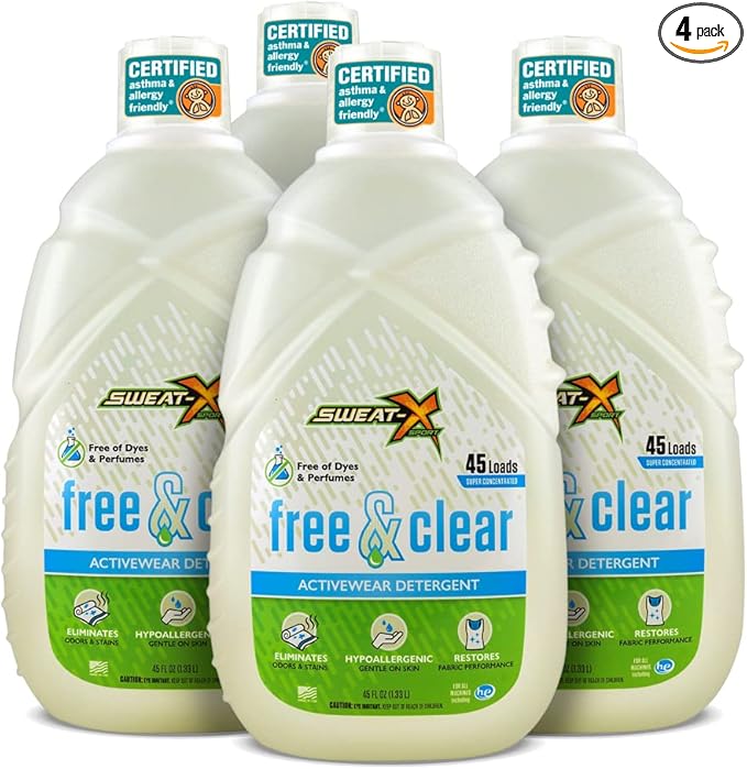 SWEAT X Free & Clear Laundry Detergent Liquid - Natural Non Toxic Laundry Detergent for Sensitive Skin - Gentle Washing Detergent for Activewear & Performance Fabrics - 45 Loads/Bottle, 4 Bottles
