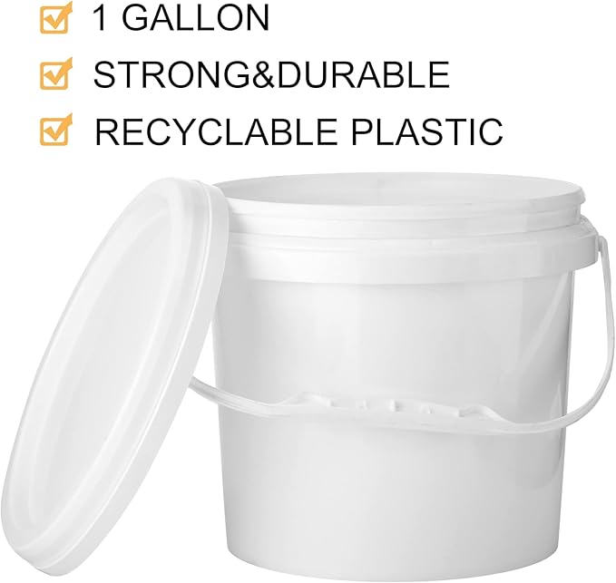Gerrii 10 Pack White Plastic Bucket with Handle and Lid Food Storage Bucket Containers All Purpose Pail for Multipurpose Paint Water Art Crafts Projects Garage Organization (White,1 Gallon)