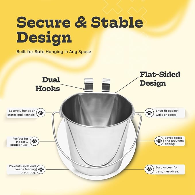 1 Quart Stainless Steel Flat Sided Bucket with Dual Hooks | 2 Pcs Durable Food & Water Bowl for Dog Cats Bird & Small Animals | Fits kennel Cage Crates Hanging Pet Pail | Multipurpose use