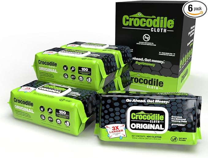Crocodile Cloth Original Cleaning Wipes, 600 Count (6 Packs of 100) – Heavy-Duty 15” x 10” Multi-Surface Shop Wipes, Water-Based, Safe on Skin, Cuts Grease, Grime & Dirt