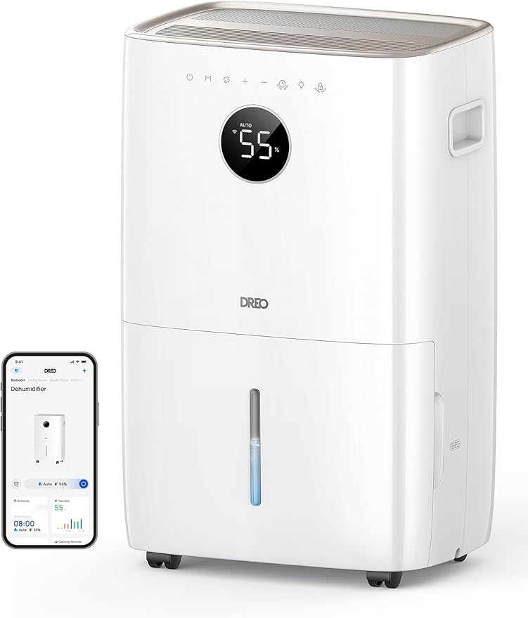 DREO 110-Pint Smart Dehumidifier for Basement, 4500 Ft² for Large Room, 2 Gallon Water Tank, Auto/Comfort/Constant Mode Dehumidifiers for Home, Bedroom, Bathroom, with Drain Hose, Starlight, 711S