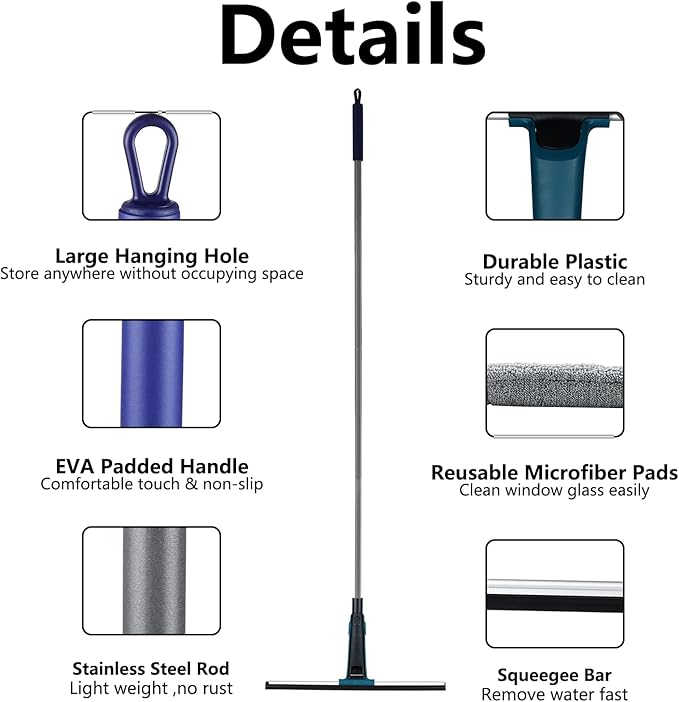 60" Professional Squeegee with Long Handle - Window, Shower & Floor Cleaner for Glass, Tile, Concrete, Mirror, Windshield, Bathroom, Car, Home & Garage