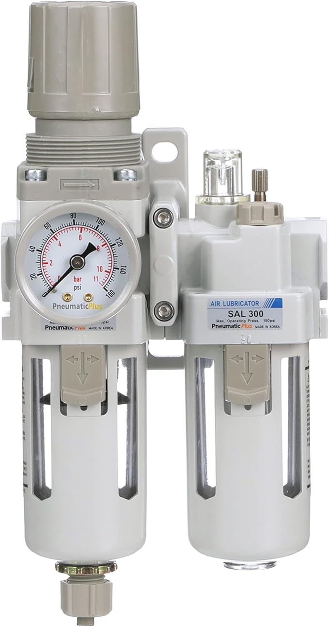 PneumaticPlus SAU310-N03G Compressed Air Filter Regulator Lubricator Piggyback Combo 3/8" NPT - Poly Bowl, Manual Drain, Bracket, Gauge