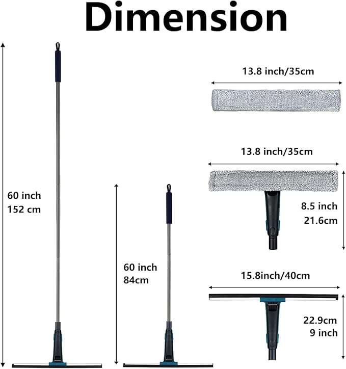 60" Professional Squeegee with Long Handle - Window, Shower & Floor Cleaner for Glass, Tile, Concrete, Mirror, Windshield, Bathroom, Car, Home & Garage
