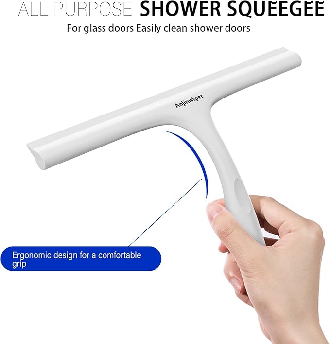 All-Purpose Shower Squeegee for Shower Glass Door with Adhesive Hook, Silicone Squeegee for Shower Doors, Bathroom, Windows, Mirrors, Shower Cleaner Tool Household Squeegee(10 inch-White)
