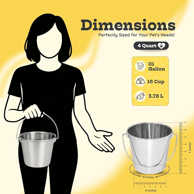 4 Quart Heavy Duty Stainless Steel Round Bucket with Handle | Fits Kennel Cage Critter Crates Farm use | Food & Water Pail for Dogs Cats Goat Pets | Livestock Multipurpose, Pack of 2