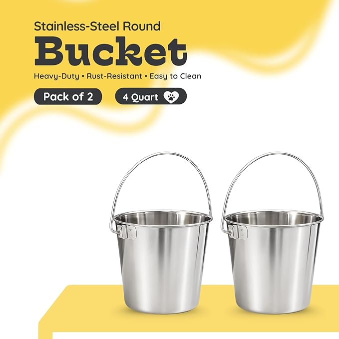 4 Quart Heavy Duty Stainless Steel Round Bucket with Handle | Fits Kennel Cage Critter Crates Farm use | Food & Water Pail for Dogs Cats Goat Pets | Livestock Multipurpose, Pack of 2