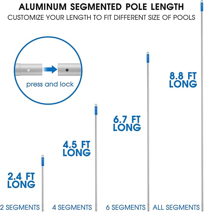 Pool Brush Set - 20’’ 2-in-1 Detachable Round Brush with Extra Side Brush for Cleaning Hard-to-Reach Corners, 9 FT Aluminum Extended Pool Pole with Hidden Hook Retriever