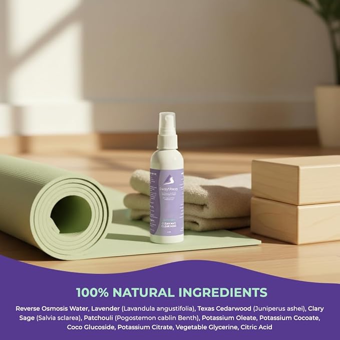 SwaytAway Fitness Mat Mist – 4oz Travel Size Yoga Mat Spray with Towel - (Pack of 2) – Aromatherapy-Inspired Lavender and Patchouli Blend – Plant-Based, No Rinse, Refreshes & Deodorizes