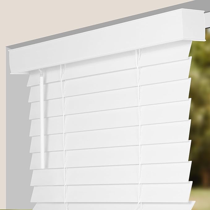 CALYX INTERIORS Faux Wood Blinds with Classic Valance, Cordless, 2" Slat, 28" W x 73" H, Blinds for Indoor Windows, Room Darkening Window Blinds for Home Interior Windows and Doors, Pure White