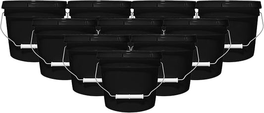 2-Gallon Bucket with Airtight Lid – Heavy-Duty Extra Durable Pail – Made in USA – Premium Quality HDPE – Food Grade – BPA Free – Metal Handle with Plastic Grip – Stackable – Multi-Use – Black, 10 Pack